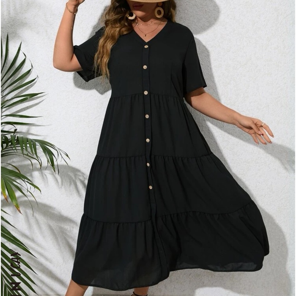 Button Front Ruffle Hem Smock Dress - Picture 6 of 6